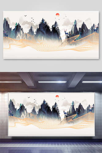 高端太阳山间中国山水水墨画背景
