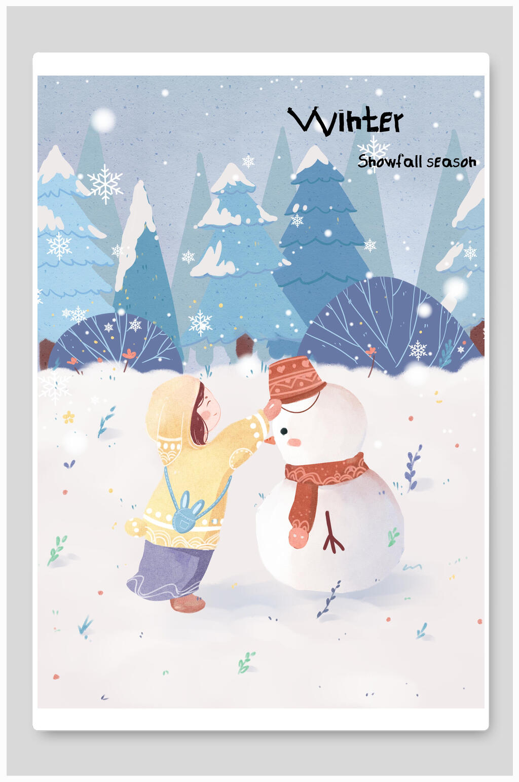 雪人清新手绘清新树木蓝色大雪插画素材