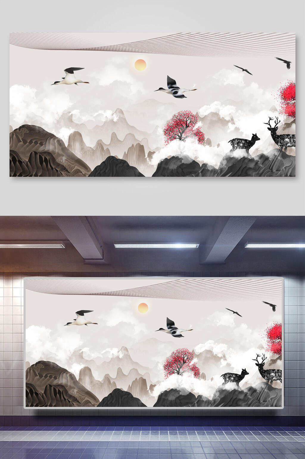 云雾鸟兽月亮中国山水水墨画背景素材