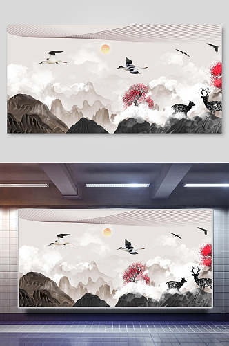 云雾鸟兽月亮中国山水水墨画背景