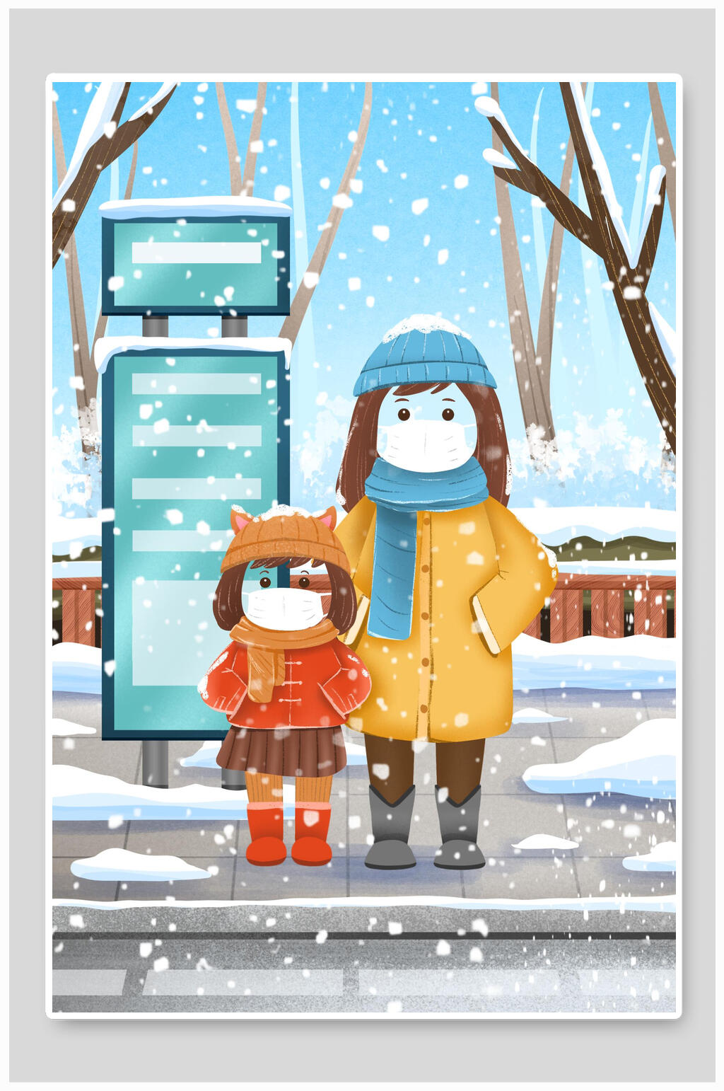 手绘卡通落雪口罩女孩大雪插画素材