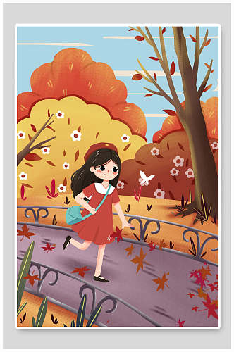 花朵树干叶子立秋插画海报背景
