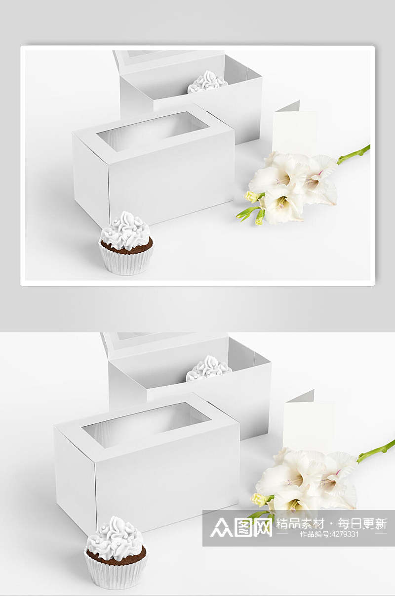 纸杯花朵灰白色蛋糕盒包装样机素材