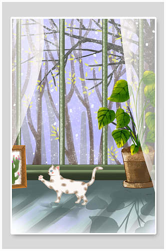 猫咪相框盆栽树干手绘大雪插画
