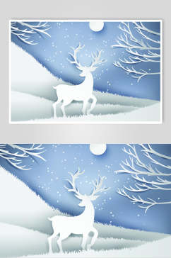 麋鹿蓝色高端矢量剪纸风圣诞素材