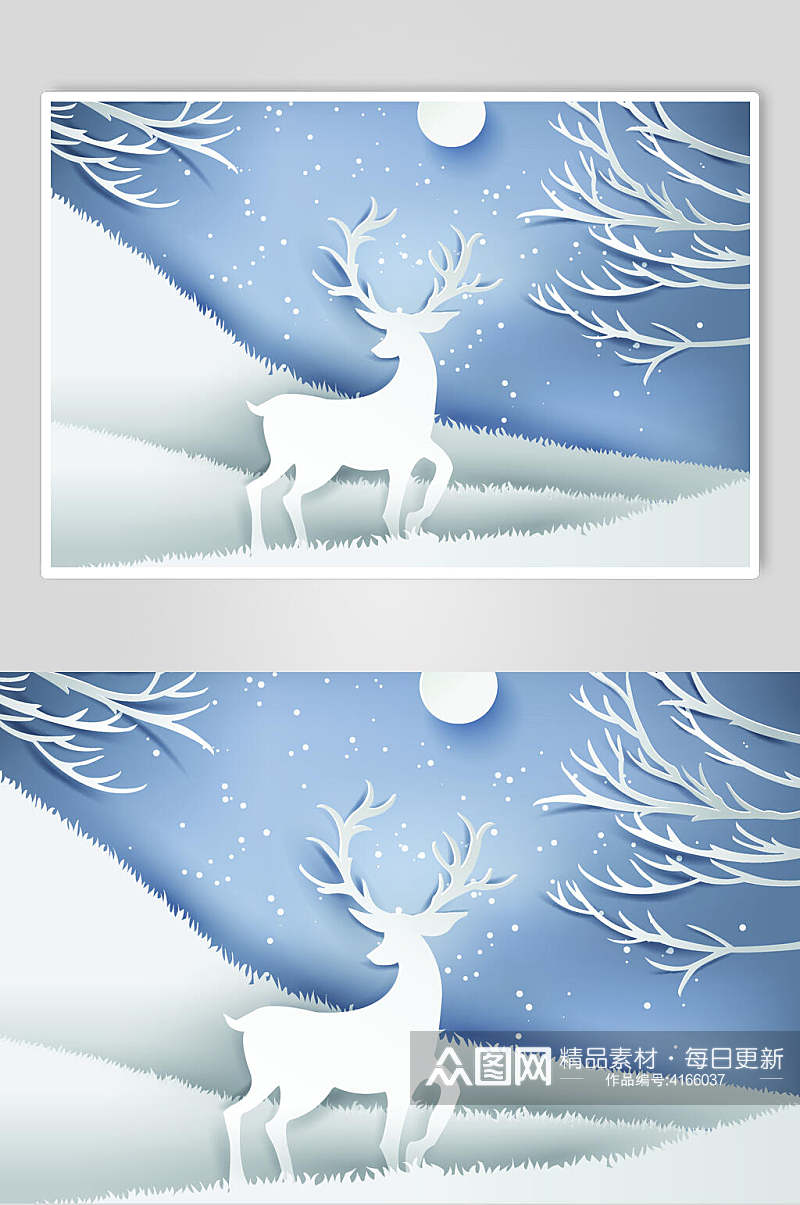 麋鹿蓝色高端矢量剪纸风圣诞素材素材