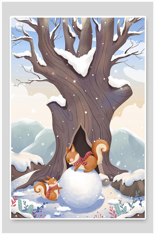 唯美大气松鼠大雪插画