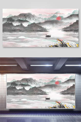 创意大气鸟中国山水水墨画插画