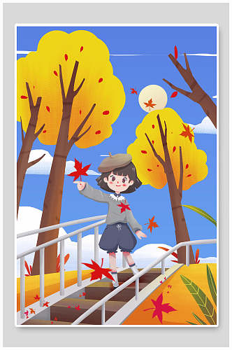 楼梯树木叶子立秋插画海报背景