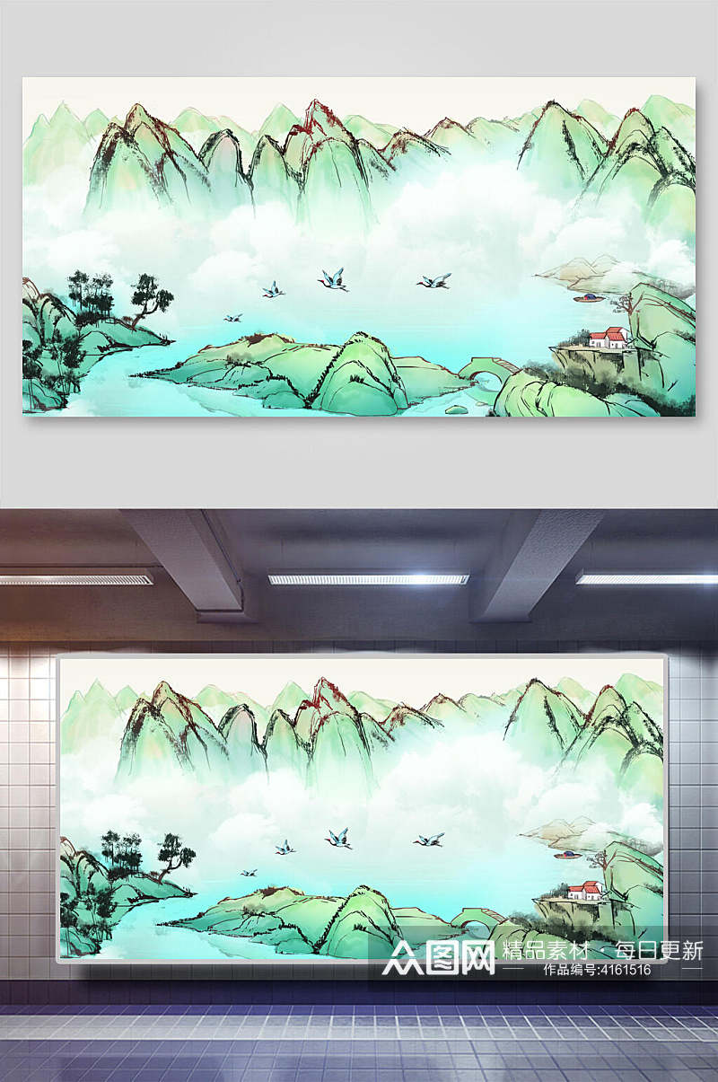 云朵唯美手绘绿中国山水水墨画插画素材