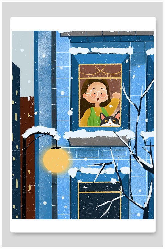 楼层手绘卡通路灯女孩大雪插画