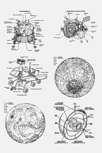 线条英文太空飞机火箭绘制图免抠素材