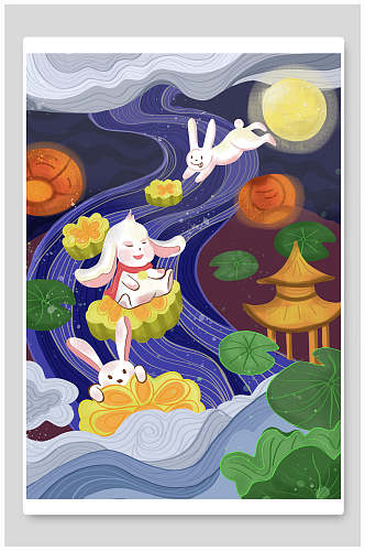 兔子河流手绘卡通中秋节团圆插画