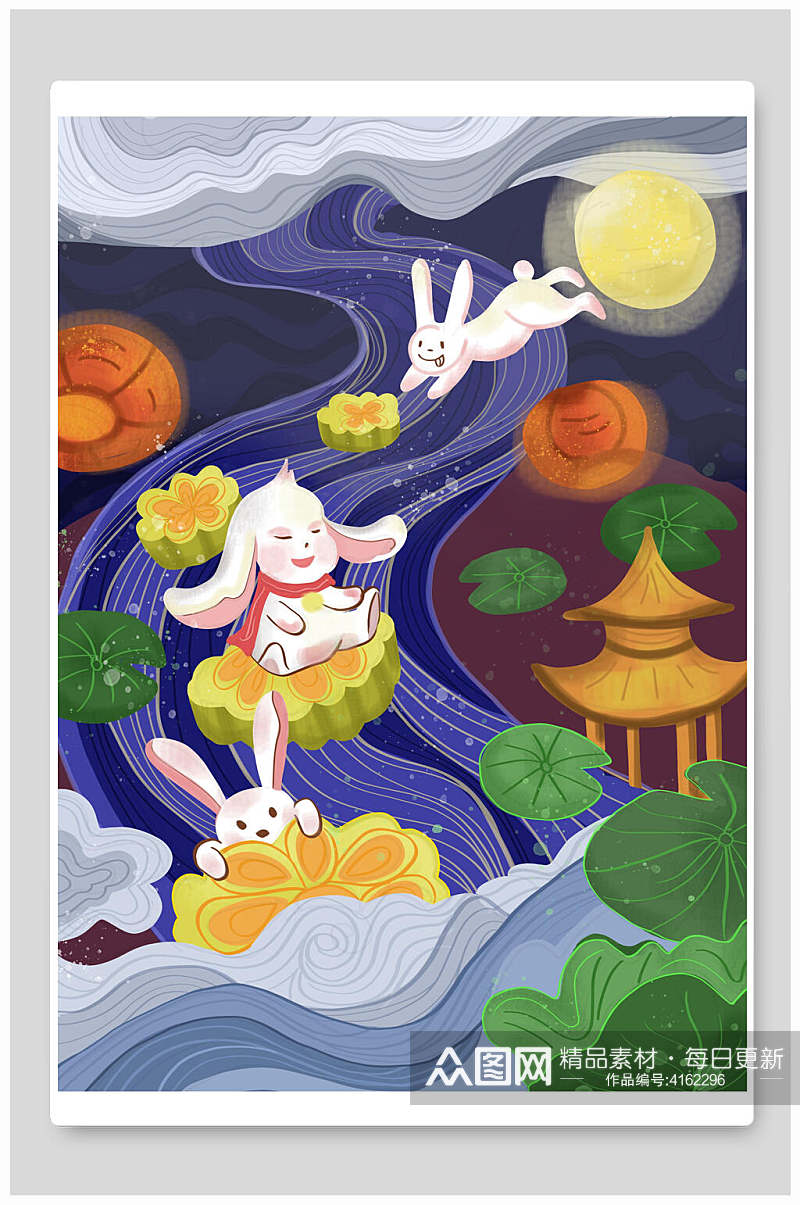 兔子河流手绘卡通中秋节团圆插画素材