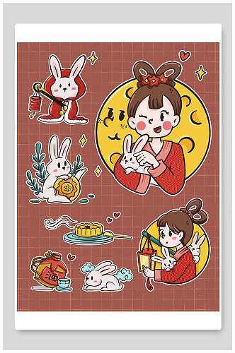 可爱灯笼少女兔子中秋节团圆插画