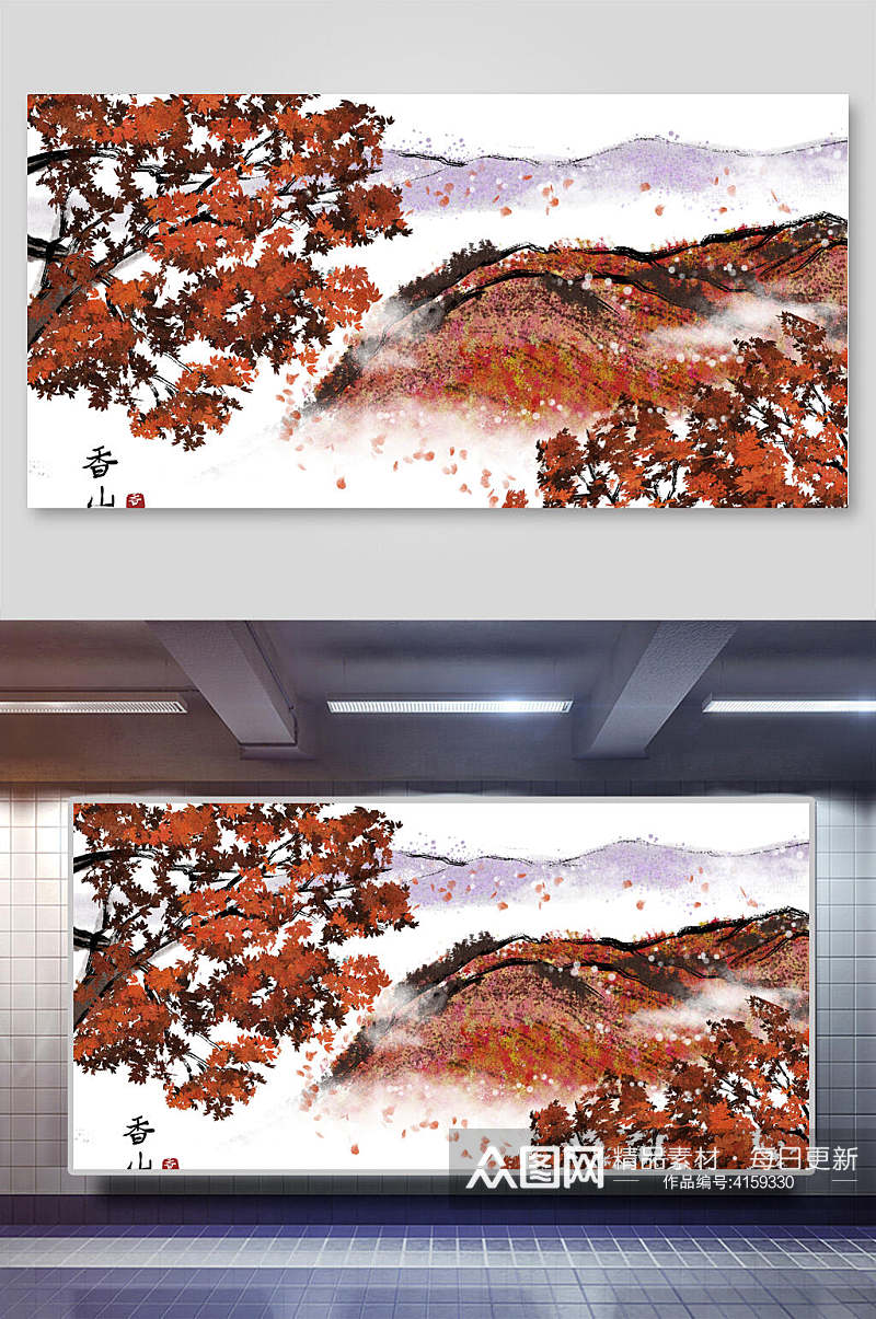 树干落叶棕中国山水水墨画背景素材