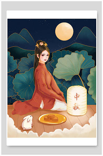 兔子月光手绘清新中秋节团圆插画