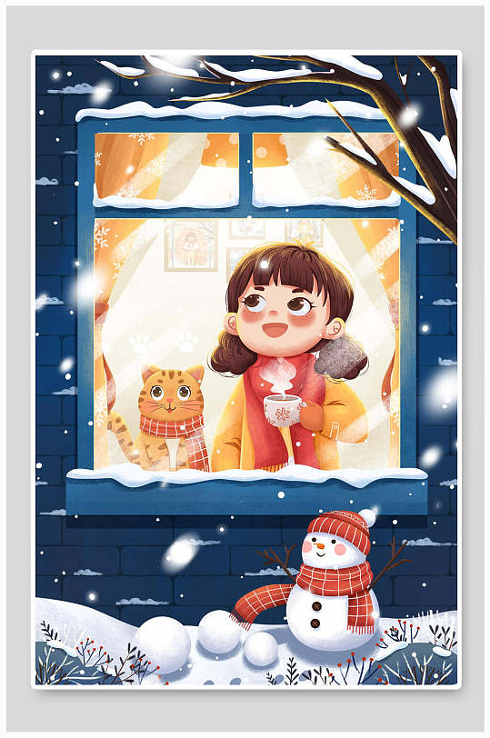 窗户猫咪围巾手绘卡通大雪插画