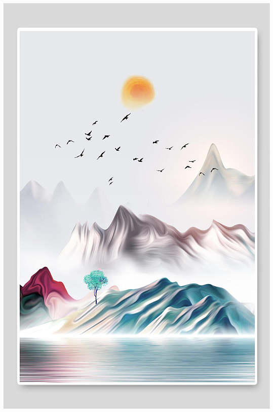 中树木鸟兽蓝国山水水墨画背景