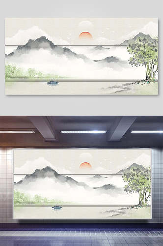 山间树木太阳中国山水水墨画背景