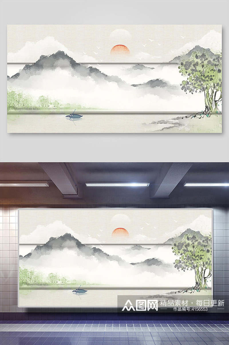 山间树木太阳中国山水水墨画背景素材