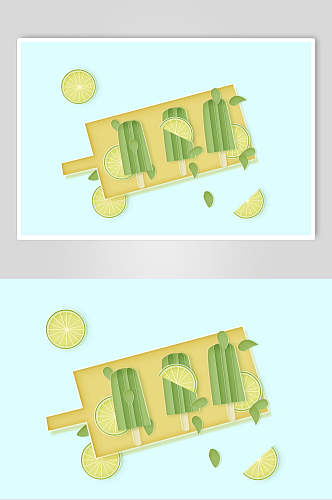 冰棒柠檬绿色立体剪纸折纸插画
