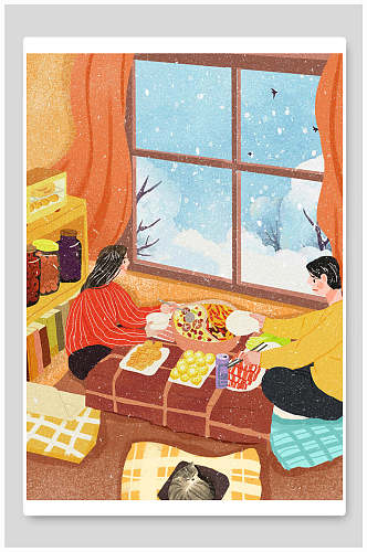 窗户男女室内猫咪手绘清新大雪插画