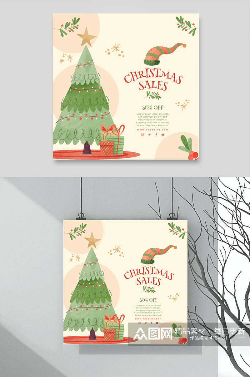 树木英文绿圣诞节卡片矢量素材素材