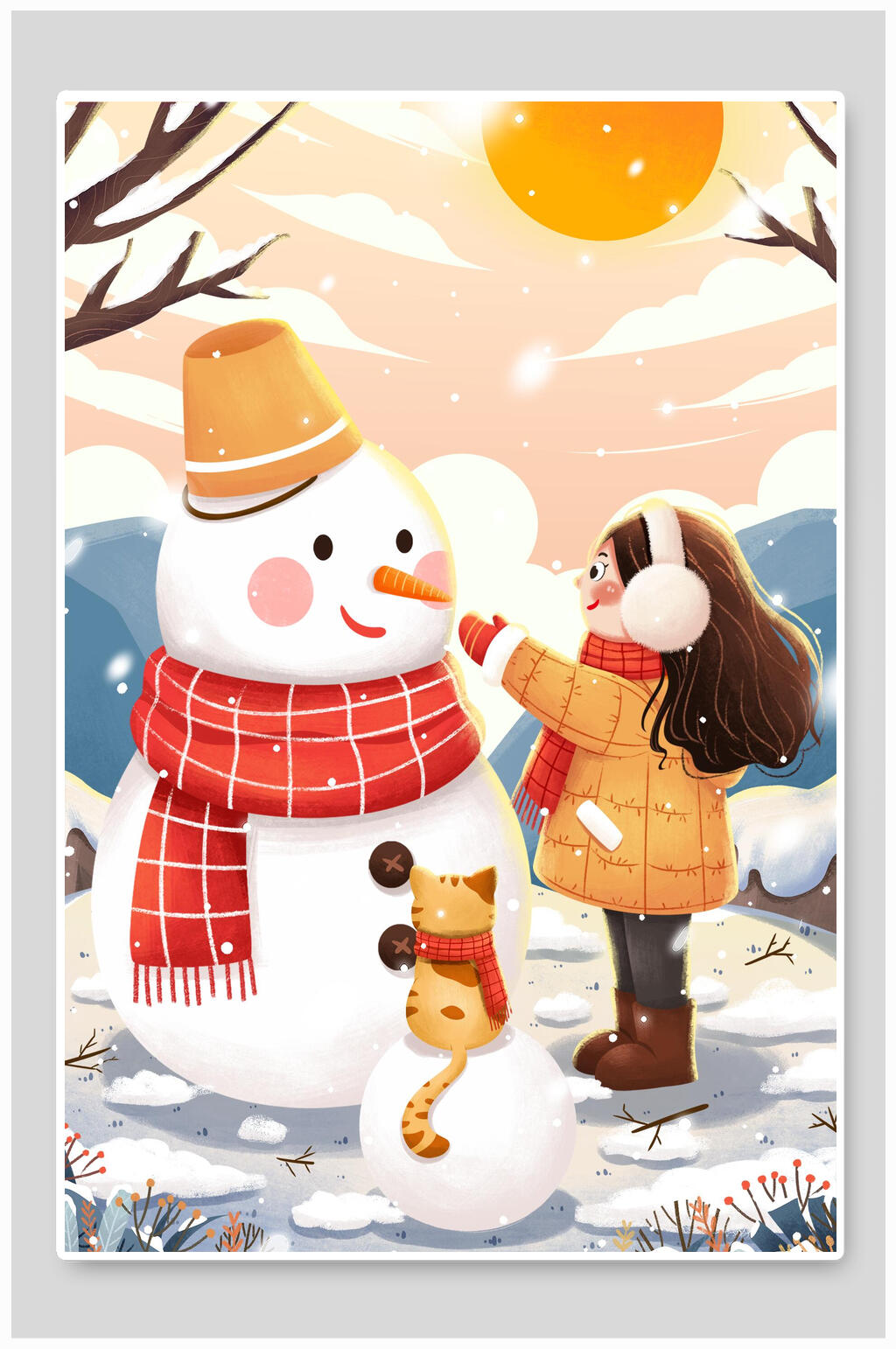 创意大气猫咪大雪插画素材