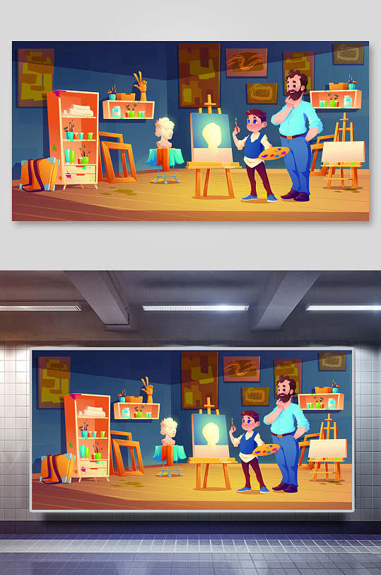 创意手绘画画唯美场景矢量插画