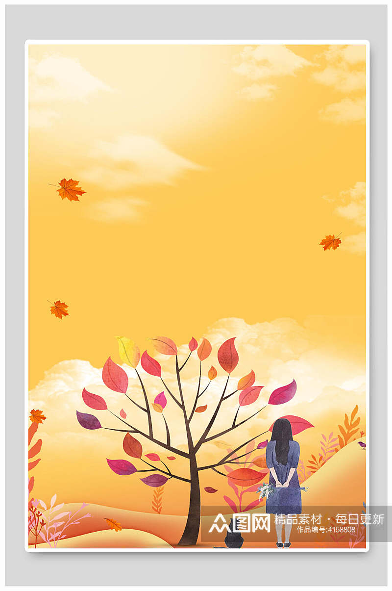 树枝叶子女孩立秋插画海报背景素材