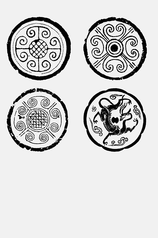 圆形边框四面对称黑色吉祥神兽纹样免抠素材