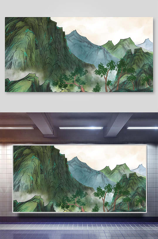 树木叶子云中国山水水墨画背景