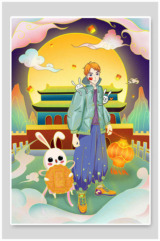 月饼兔子绸缎男中秋节团圆插画