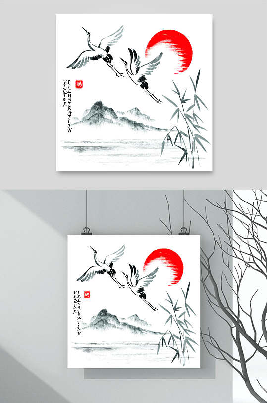 仙鹤山峰高端手绘水墨画矢量素材