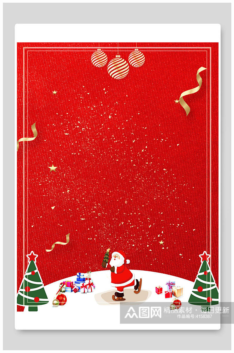 老人滑雪彩带树木红圣诞节背景素材