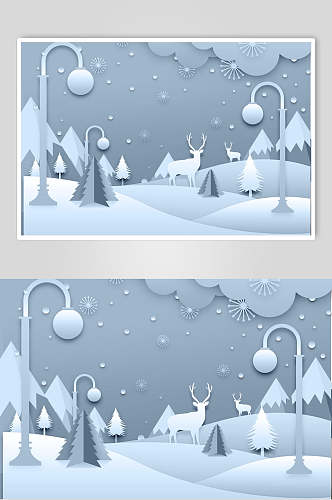 路灯树叶落雪立体剪纸折纸插画