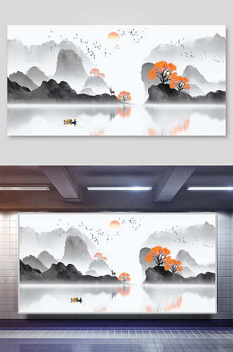 湖面船太阳中国山水水墨画插画
