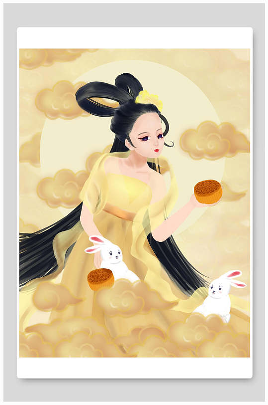 兔子月饼女孩黄中秋节团圆插画