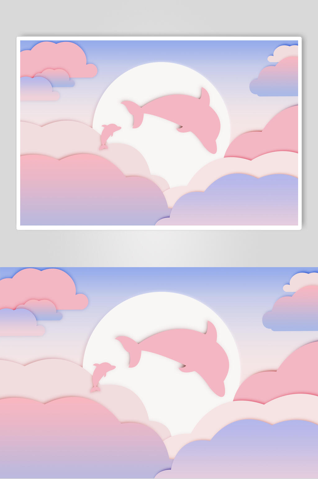 圆圈海豚云朵立体剪纸折纸插画素材