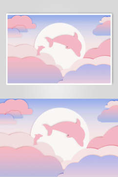 圆圈海豚云朵立体剪纸折纸插画