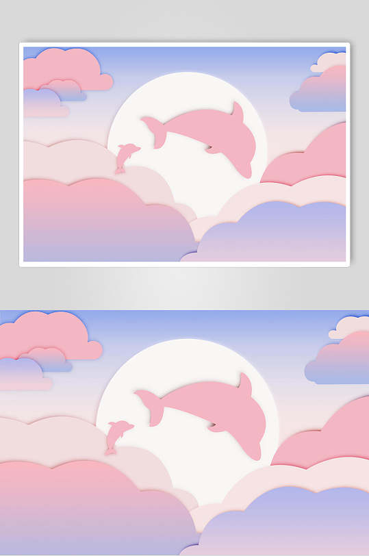 圆圈海豚云朵立体剪纸折纸插画