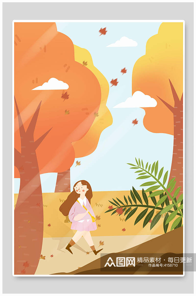 女孩植物树干立秋插画海报背景素材