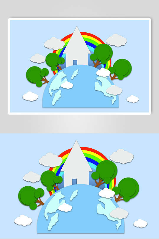 彩虹云朵地球立体剪纸折纸插画