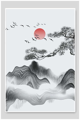 云雾太阳鸟中国山水水墨画背景