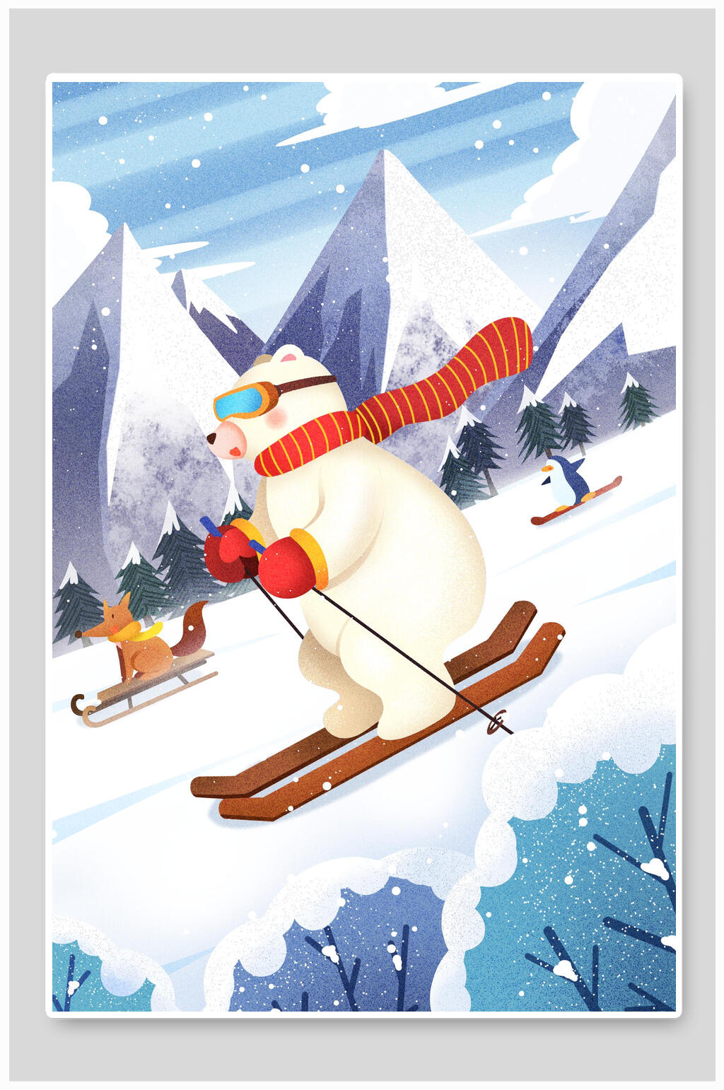 创意卡通滑雪大雪插画素材