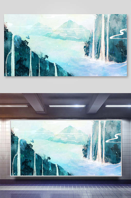 湖面瀑布蓝中国山水水墨画背景