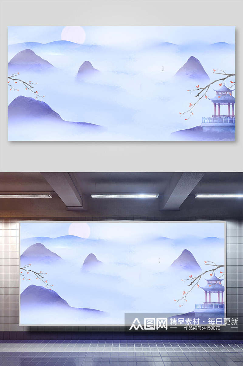 云雾优雅清新中国山水水墨画背景素材