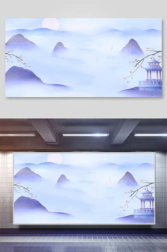 云雾优雅清新中国山水水墨画背景