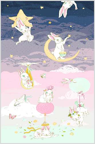 月亮兔子水彩可爱兔子花卉矢量素材